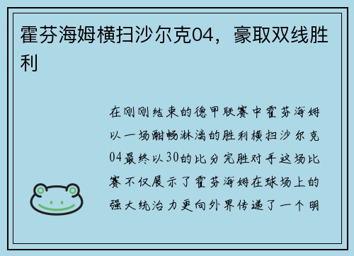 霍芬海姆横扫沙尔克04，豪取双线胜利