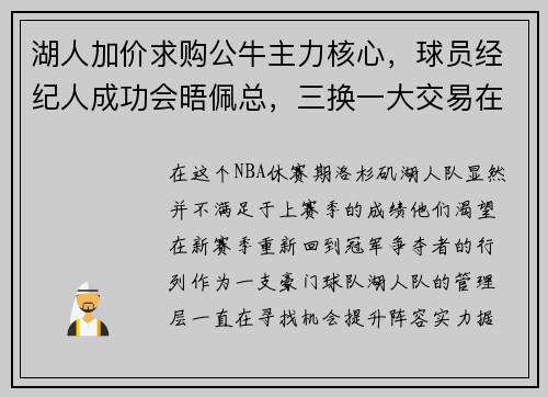 湖人加价求购公牛主力核心，球员经纪人成功会晤佩总，三换一大交易在即