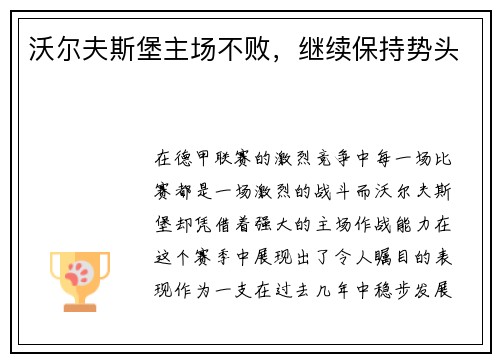 沃尔夫斯堡主场不败，继续保持势头