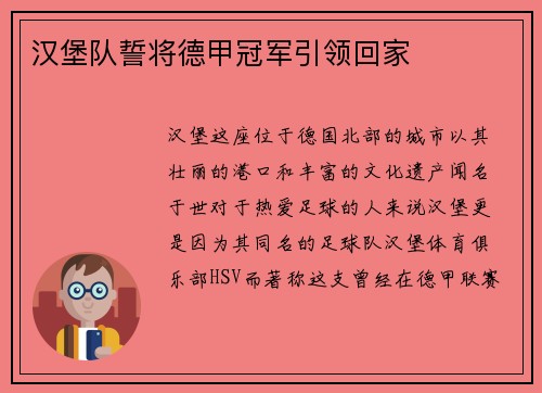 汉堡队誓将德甲冠军引领回家