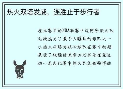 热火双塔发威，连胜止于步行者