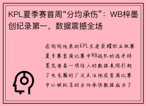 KPL夏季赛首周“分均承伤”：WB梓墨创纪录第一，数据震撼全场