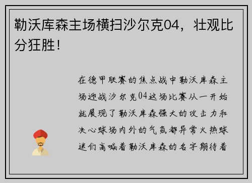 勒沃库森主场横扫沙尔克04，壮观比分狂胜！