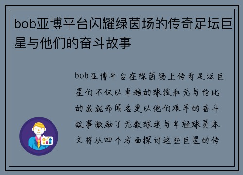 bob亚博平台闪耀绿茵场的传奇足坛巨星与他们的奋斗故事
