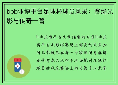 bob亚博平台足球杯球员风采：赛场光影与传奇一瞥