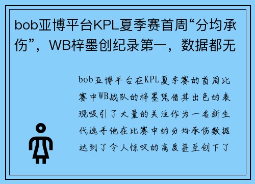 bob亚博平台KPL夏季赛首周“分均承伤”，WB梓墨创纪录第一，数据都无法掩盖的强悍表现