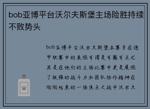 bob亚博平台沃尔夫斯堡主场险胜持续不败势头