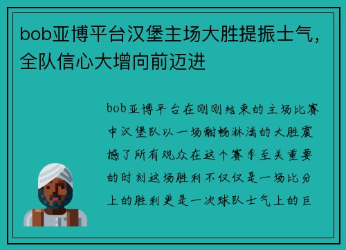 bob亚博平台汉堡主场大胜提振士气，全队信心大增向前迈进