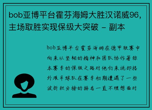 bob亚博平台霍芬海姆大胜汉诺威96，主场取胜实现保级大突破 - 副本