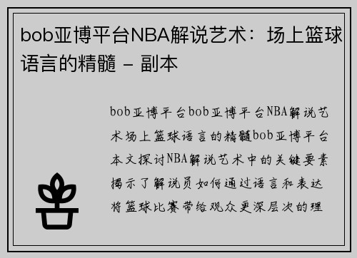 bob亚博平台NBA解说艺术：场上篮球语言的精髓 - 副本