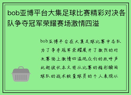 bob亚博平台大集足球比赛精彩对决各队争夺冠军荣耀赛场激情四溢