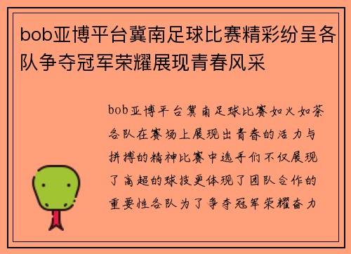 bob亚博平台冀南足球比赛精彩纷呈各队争夺冠军荣耀展现青春风采